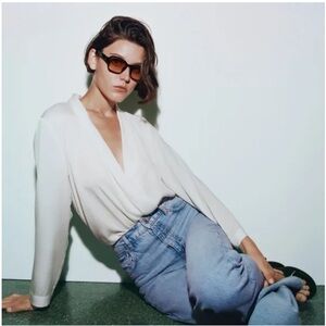 Zara women’s white draped crossover blouse neutral statement large‎ ballet core